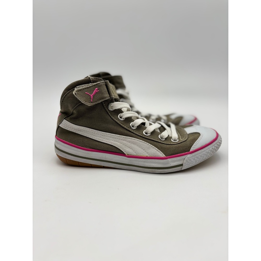 Puma Womens 7.5 High Top Sneakers Olive Green Canvas Pink White SB-7 - Picture 2 of 8